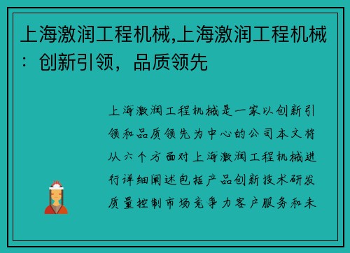 上海激润工程机械,上海激润工程机械：创新引领，品质领先